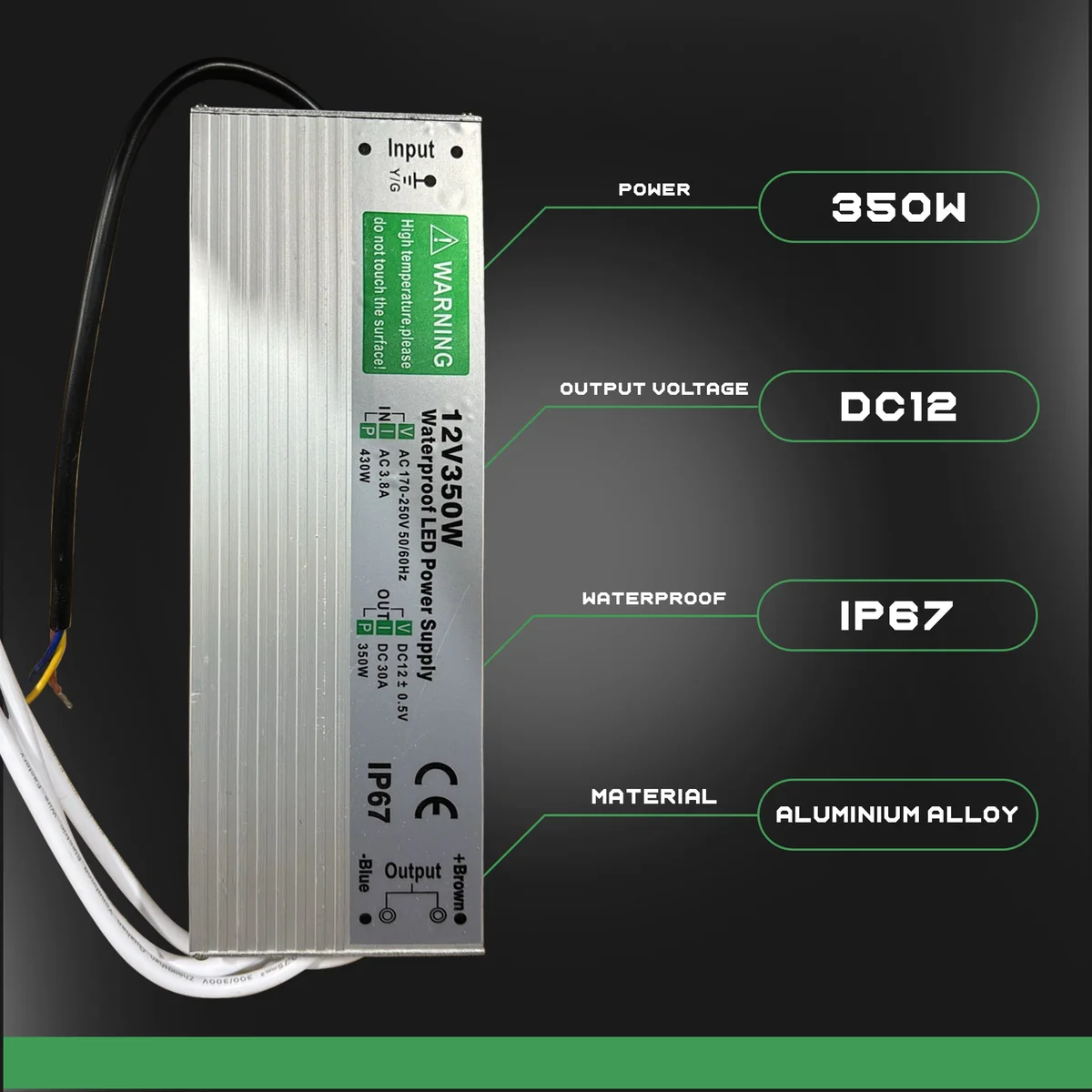 Aluminum 12V waterproof LED driver with rubber‑sealed cables, IP67 rating, 350 W output, compact rectangular casing