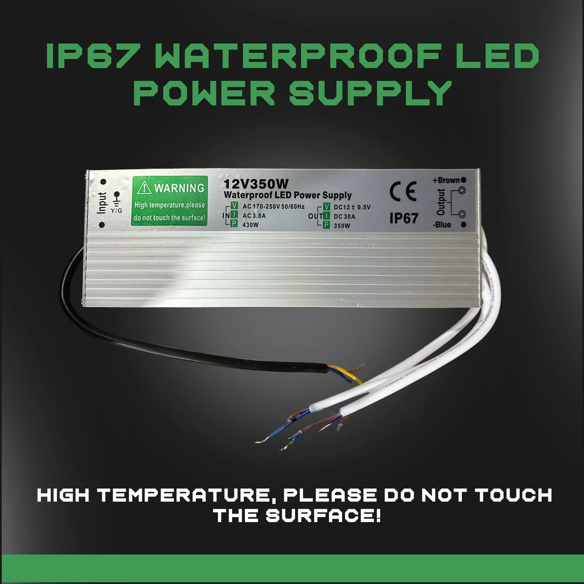 12V waterproof LED driver in an aluminum alloy housing, labeled 350W, with wire connections and IP67 rating.