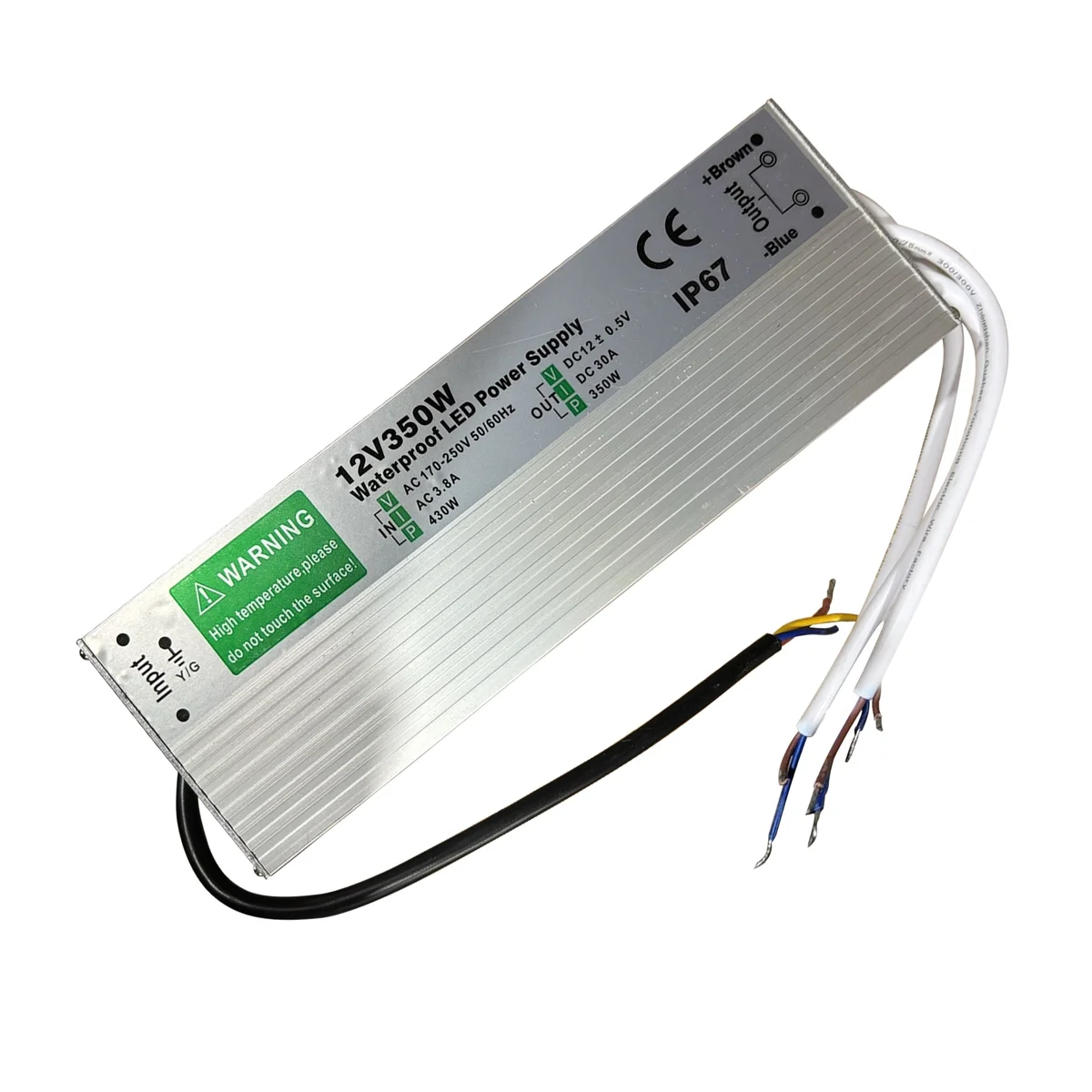 Aluminium alloy 12V waterproof LED driver with rubber sealed cables, rectangular housing, IP67 rating, suitable for LED strips.