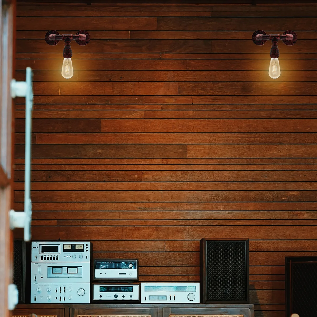 Rustic red steampunk wall light with vintage water pipe design, two glowing E27 bulbs, wall‑mounted industrial fixture.