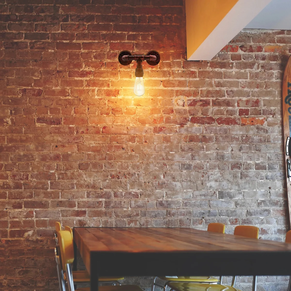 Rustic red steampunk water pipe vintage wall lamp with two metal burners, E27 sockets, wall‑mount design.