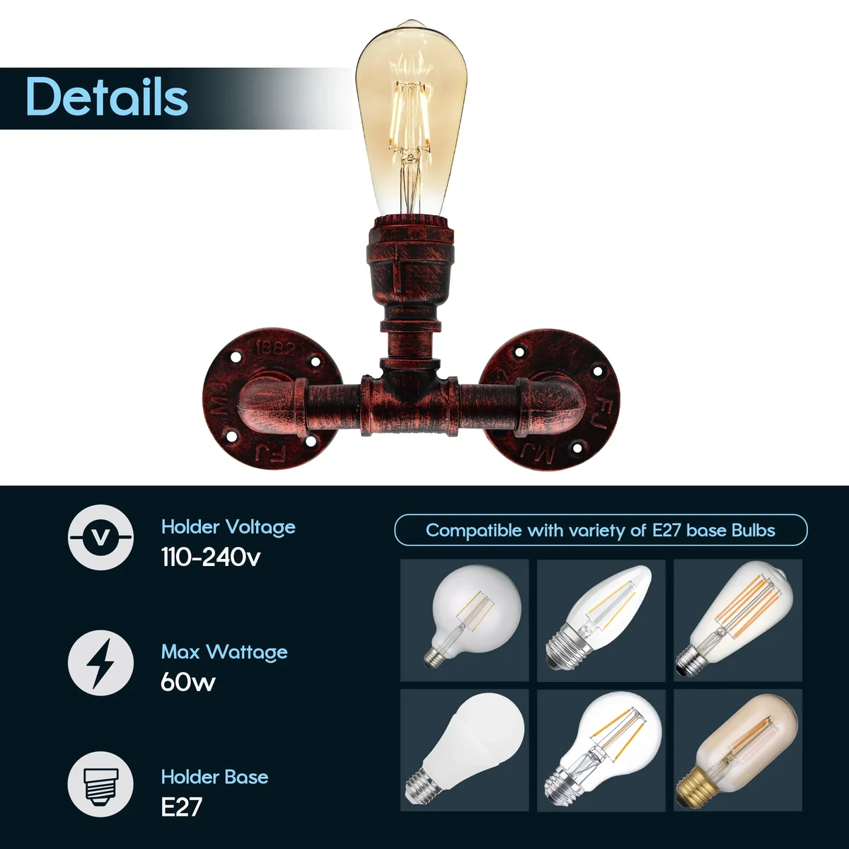 Industrial wall sconce in rustic red wrought‑iron, featuring two water‑pipe shaped lamp holders for E27 bulbs.