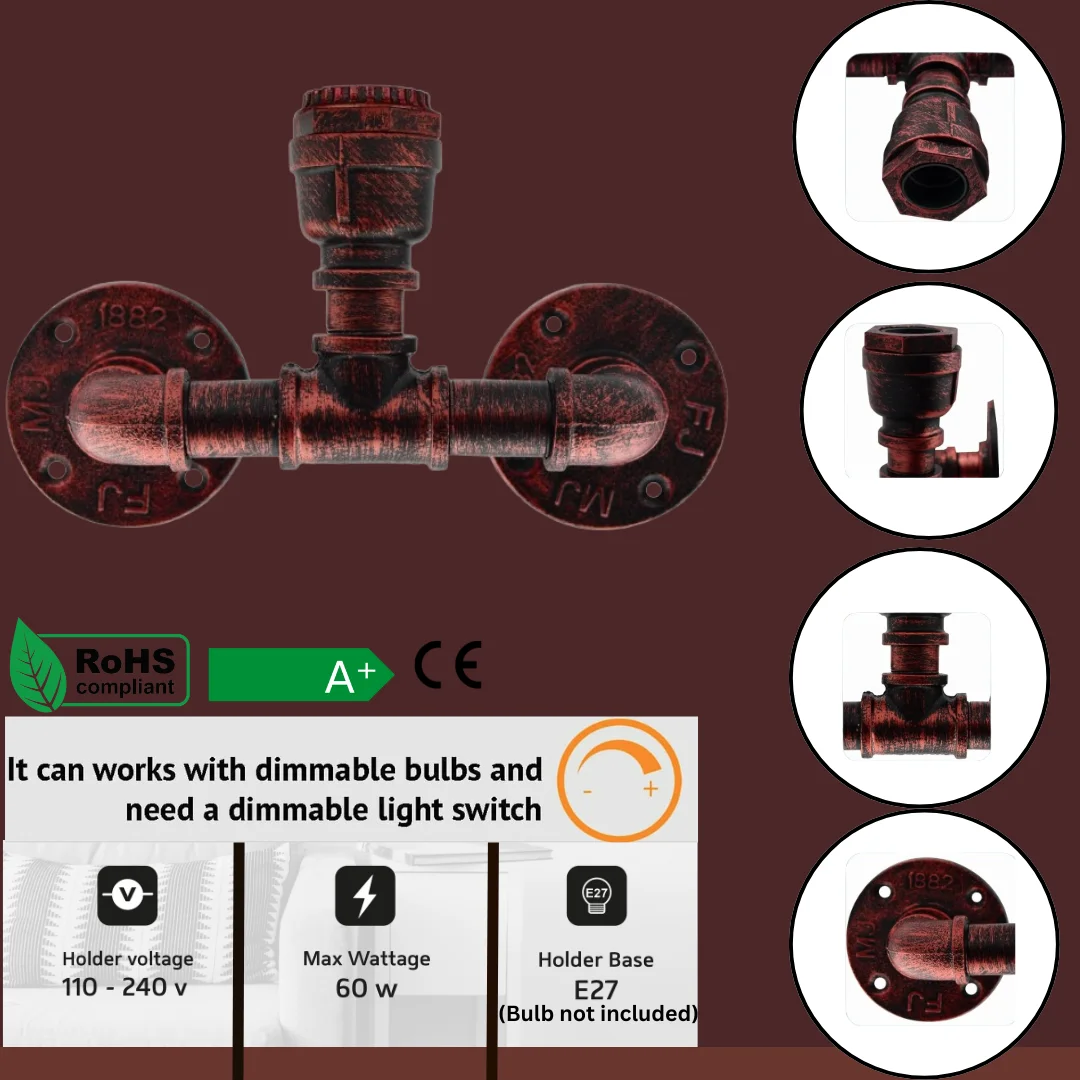 Rustic red wall lamp with steampunk water pipe design, mounted on wall, showing two metal tubes and vintage industrial vibe.