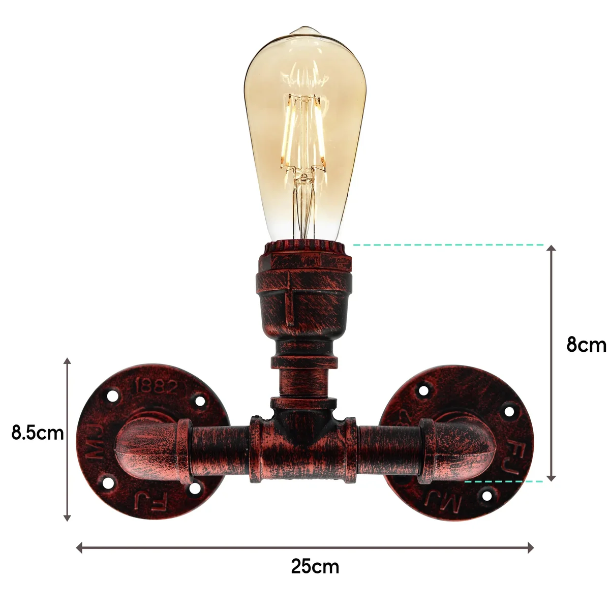 Rustic red metal pipe wall light hanging on wall, industrial steampunk design with two exposed E27‑compatible socket bases.