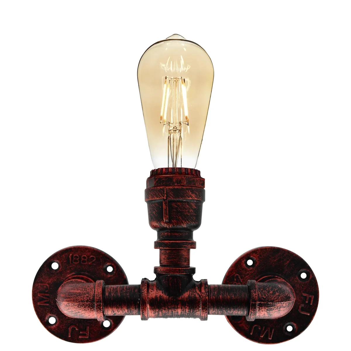 Rustic red steampunk water pipe wall light for E27 bulb wall light, two iron fixtures, ideal for homes, cafés, lofts.