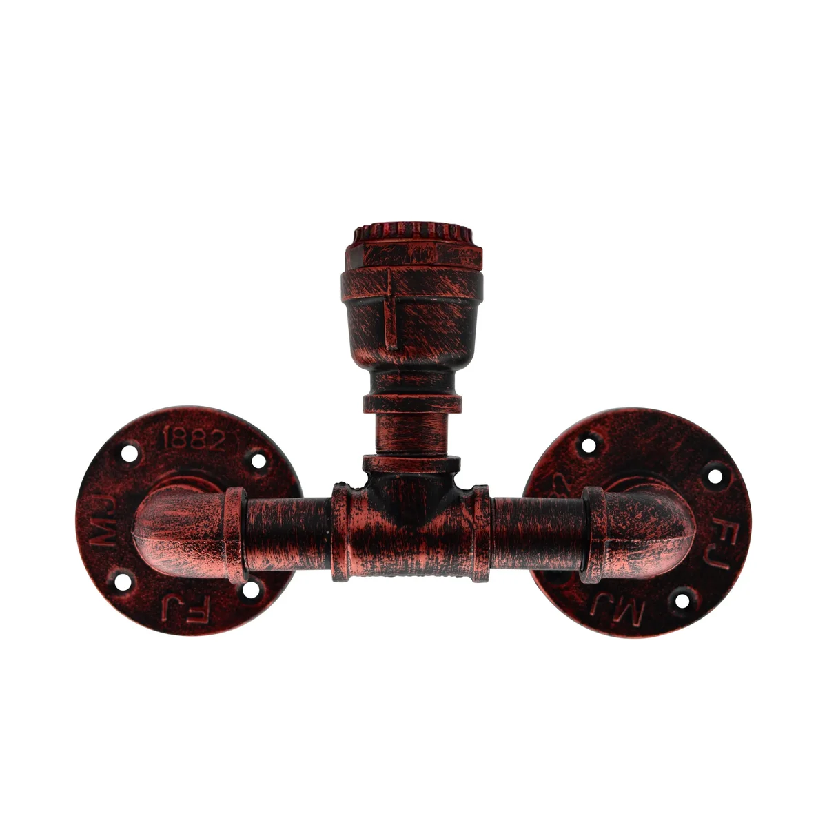 Rustic red steampunk wall light with two wrought‑iron water‑pipe fixtures, bright E27 base exposed, mounted on wall