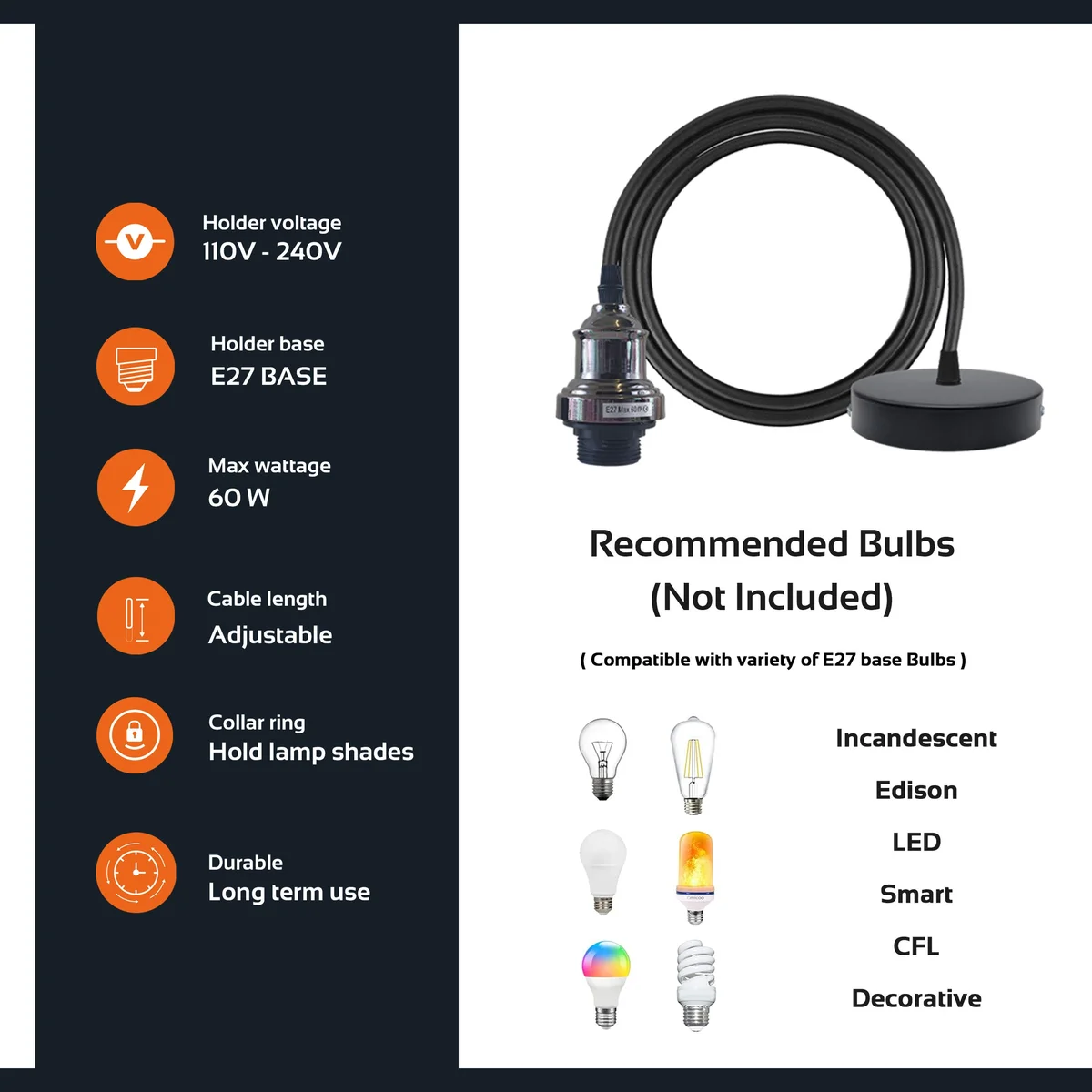 Metal industrial ceiling lamp with vintage rope‑shaded pendant, 95 cm cable, hanging from ceiling, featuring E27 base.