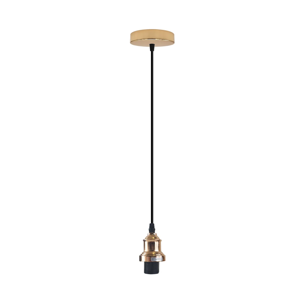 French gold industrial pendant light hanging from ceiling, metal frame, 10cm diameter rose, 95cm cable.