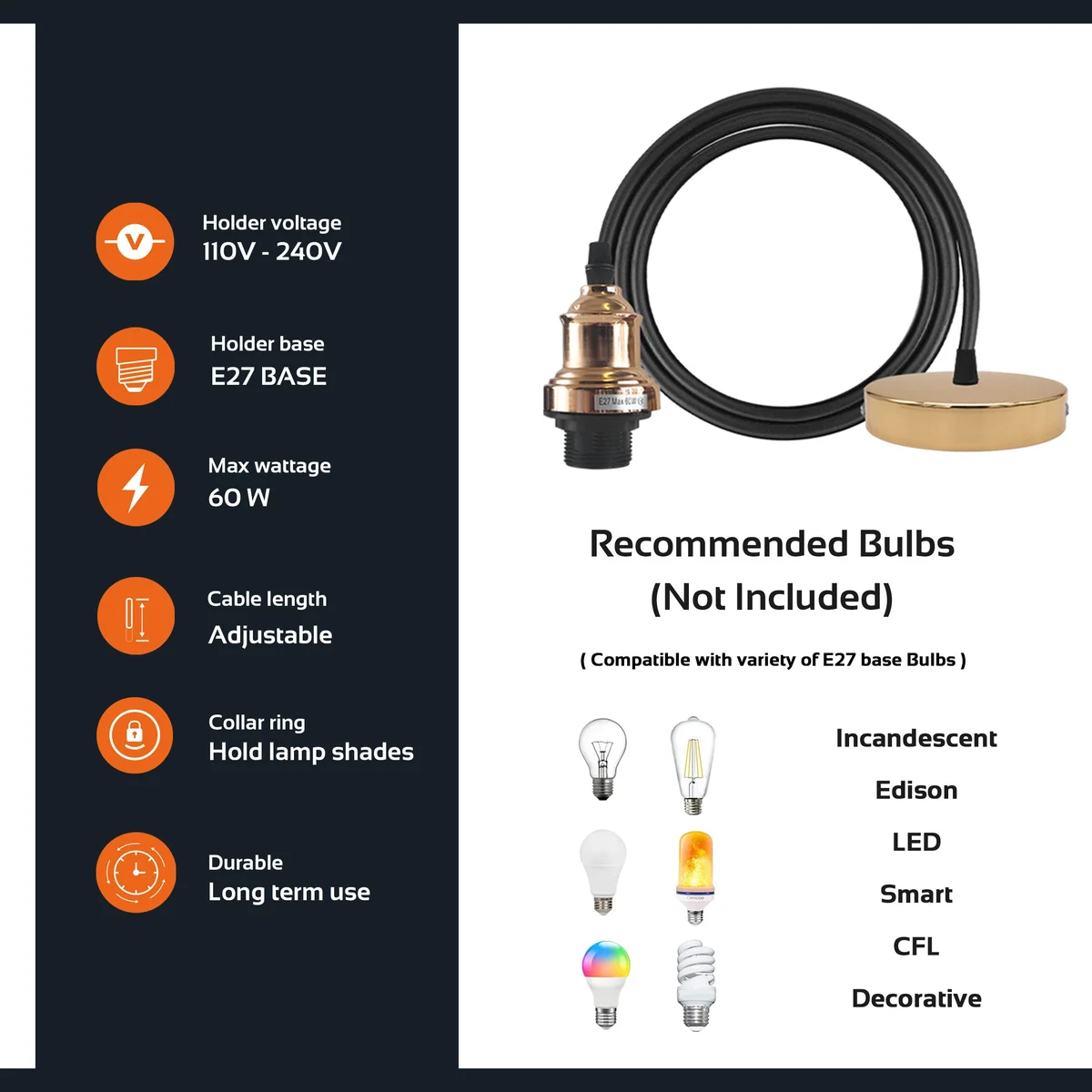 Elegant French gold pendant light with adjustable 95cm cable, metal housing, E27 base pendant, vintage industrial style.