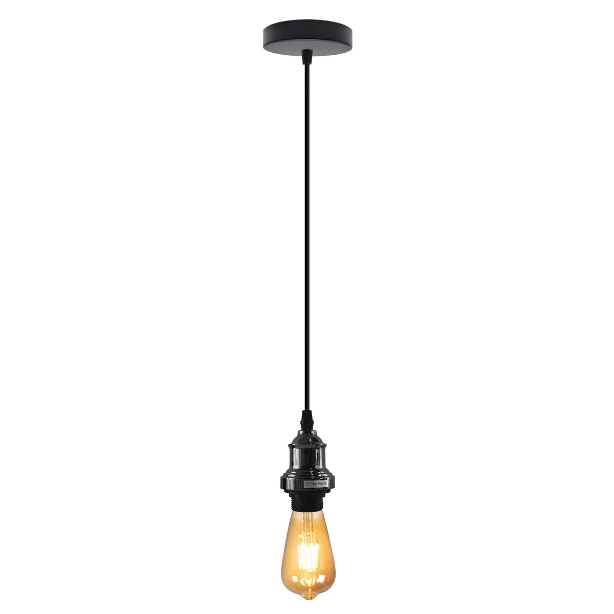 Black ceiling pendant light with adjustable 95cm cord, vintage metal design and E27 base holder.