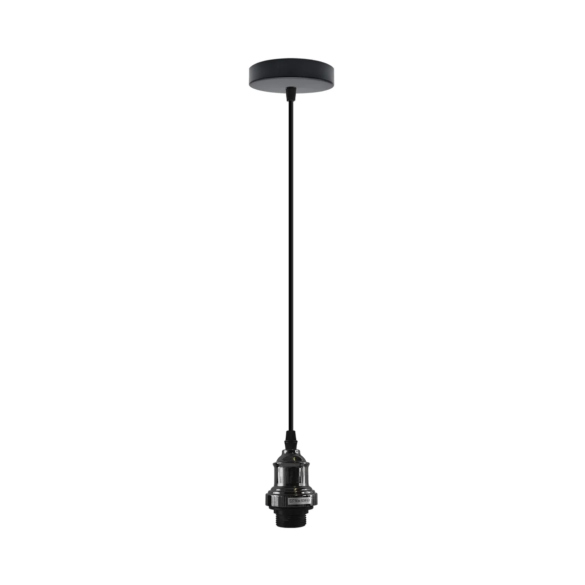 Black vintage ceiling pendant with adjustable 95cm cord, metal post and E27 base, hanging from living room or corridor ceiling