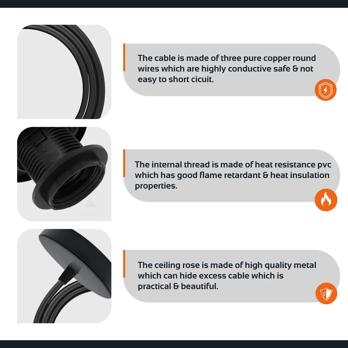 Black ceiling pendant light with metal shade and adjustable 95cm cord, vintage style.