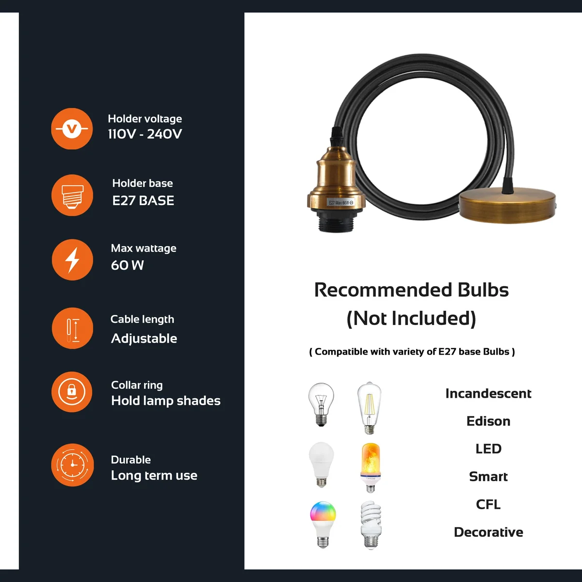 Yellow brass vintage adjustable cord pendant with 10cm metal rose, 95cm adjustable cable, E27 base, indoor ceiling lamp