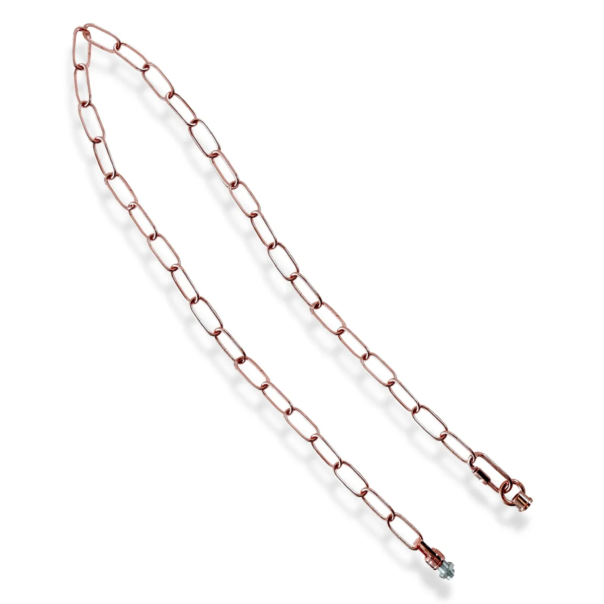 Metal vintage light chain with hooks, visible connection locks, long chain for indoor/outdoor use, styled vintage.