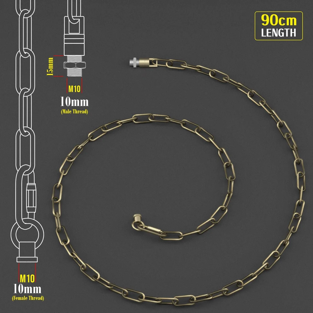 Green brass ceiling lamp chain in vintage style, with connection locks, suitable for indoor/outdoor use.