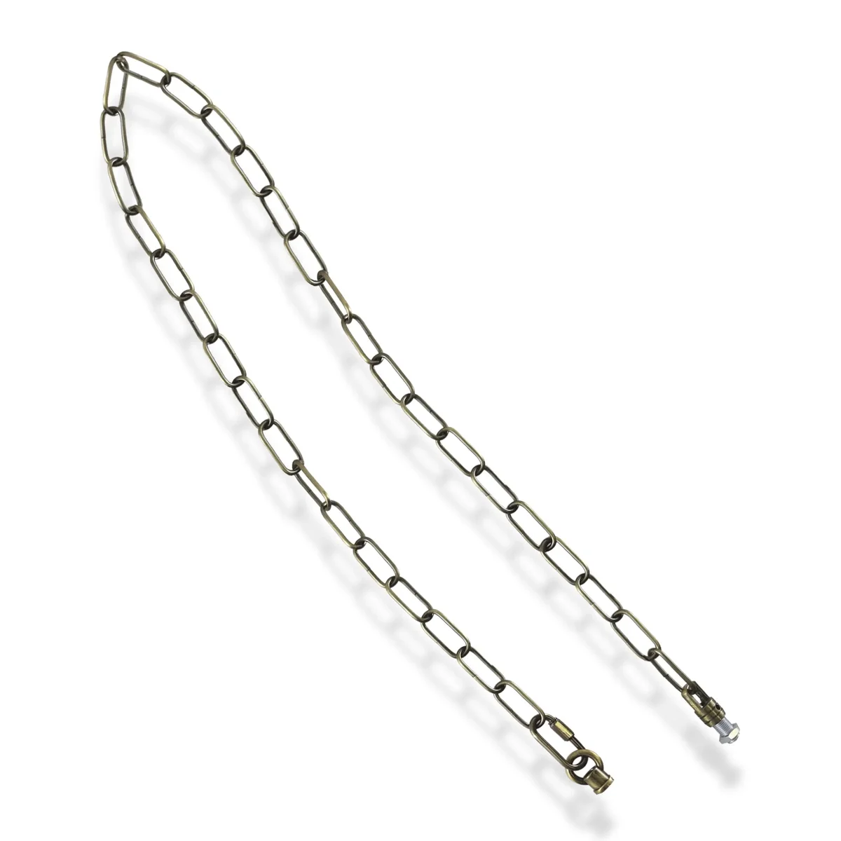 Green brass vintage hanging lamp chain, 90cm long, metal hooks and connection locks, for ceiling fixtures.