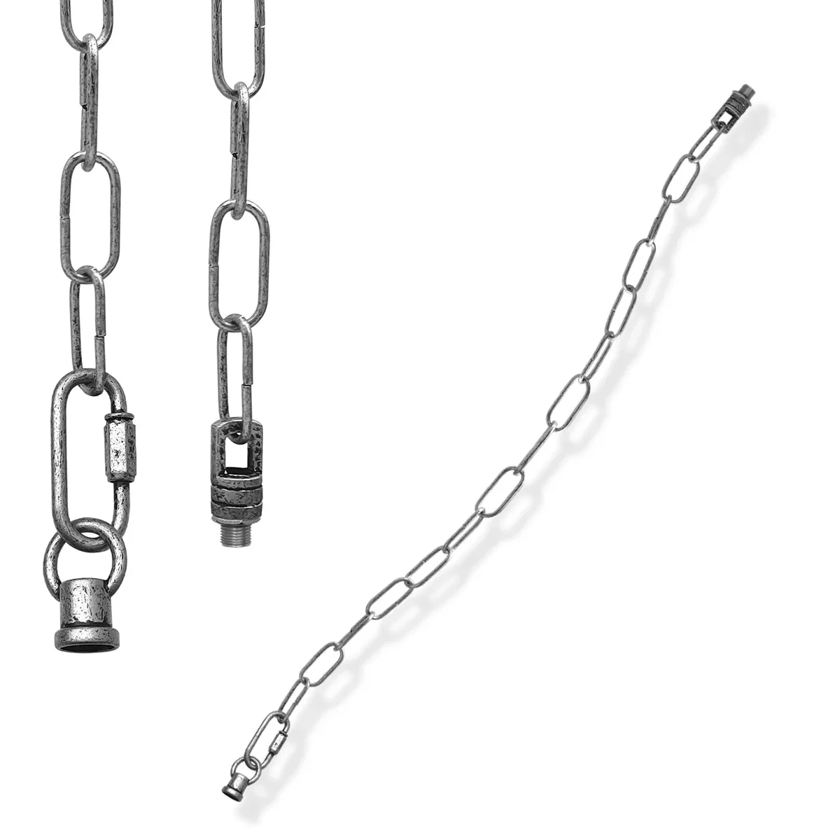 Brushed silver metal chain with two connection locks, hanging from a vintage hanging lamp chain