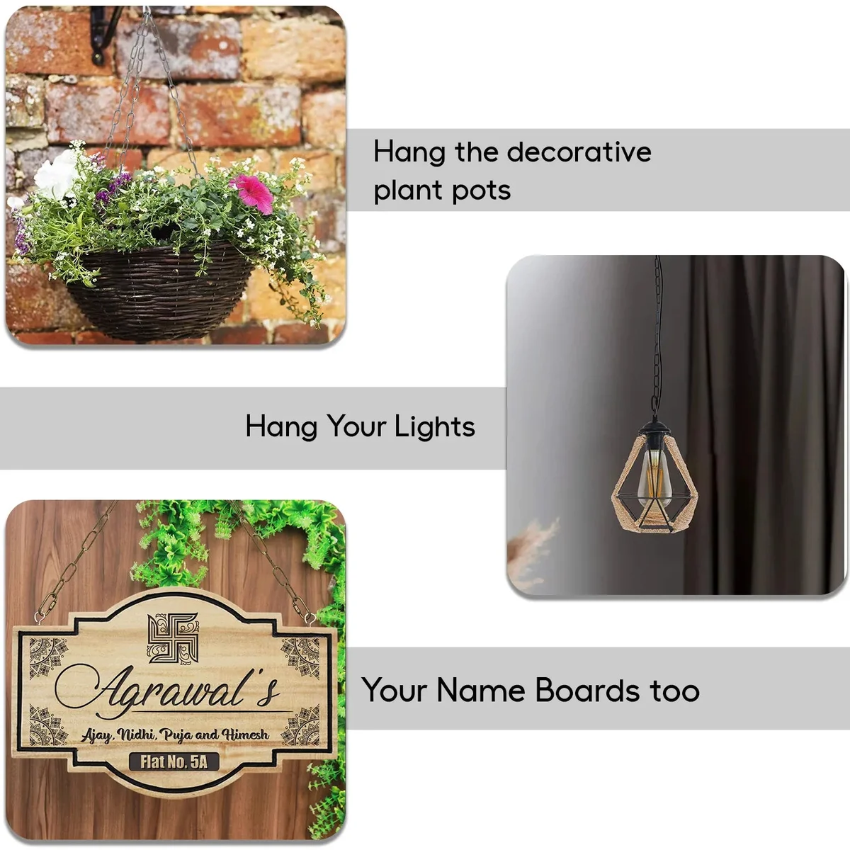 Hand‑brushed metal lighting hanging chain in vintage style with hook for indoor or outdoor use