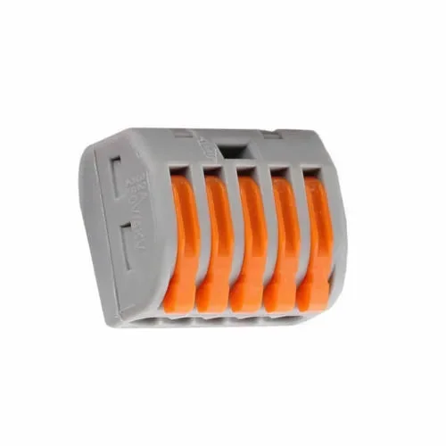 5‑way spring lever terminal block, plastic body, copper contacts, grey/orange finish for lamp fittings