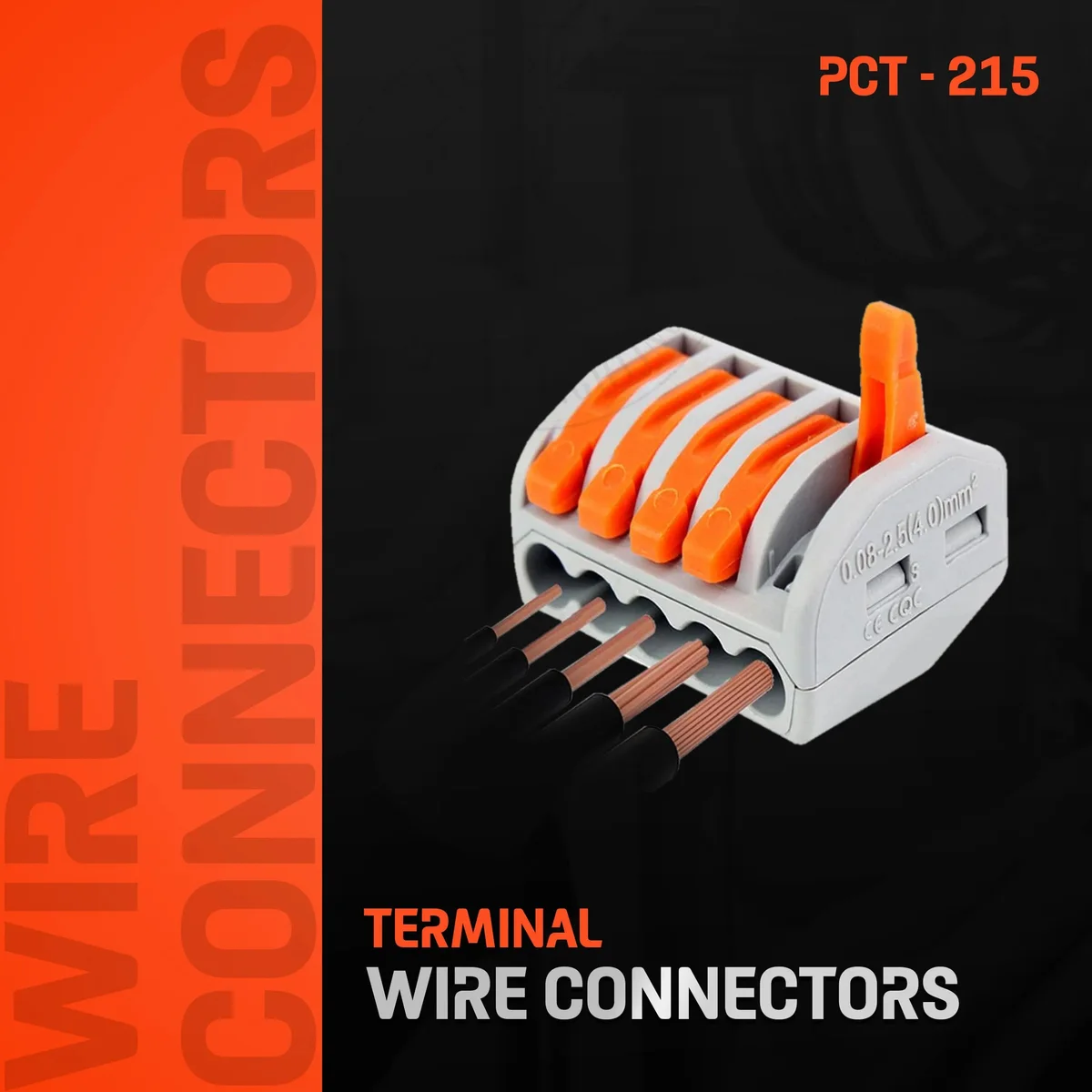 5‑way spring lever electric terminal connector in grey and orange plastic with copper contacts