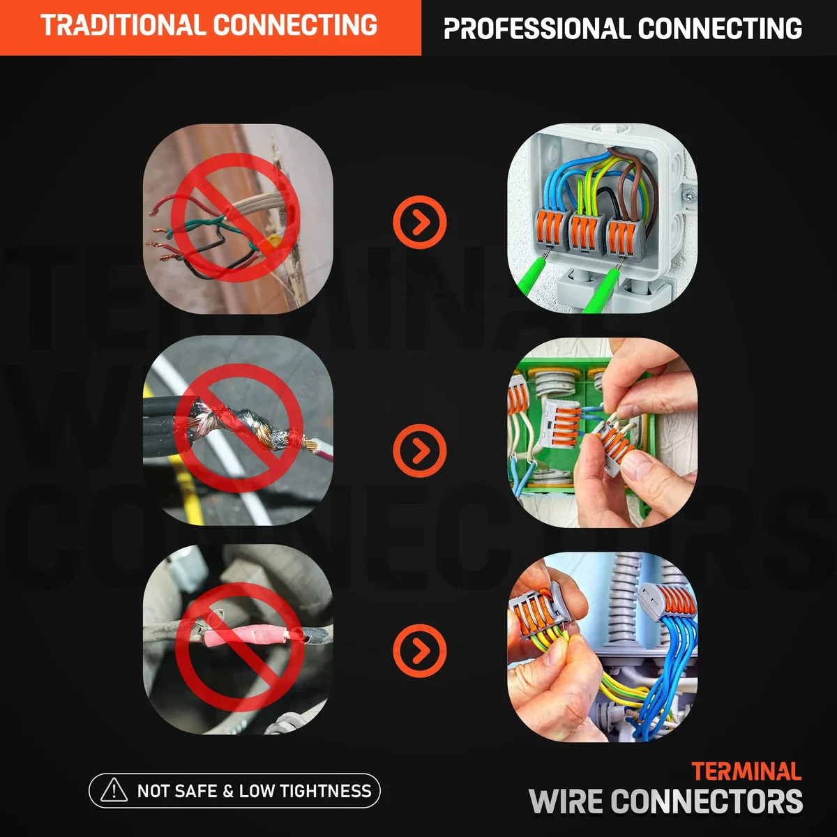 5-way spring lever connector in grey and orange, plastic body with copper contacts and 5 pins.