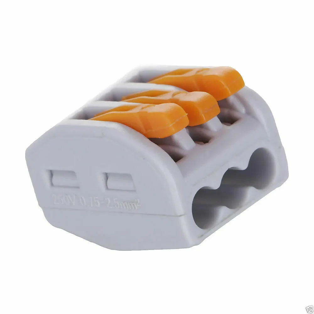 3-way cable connector with plastic body, copper contact, grey and orange colour, single pole spring lever terminals.