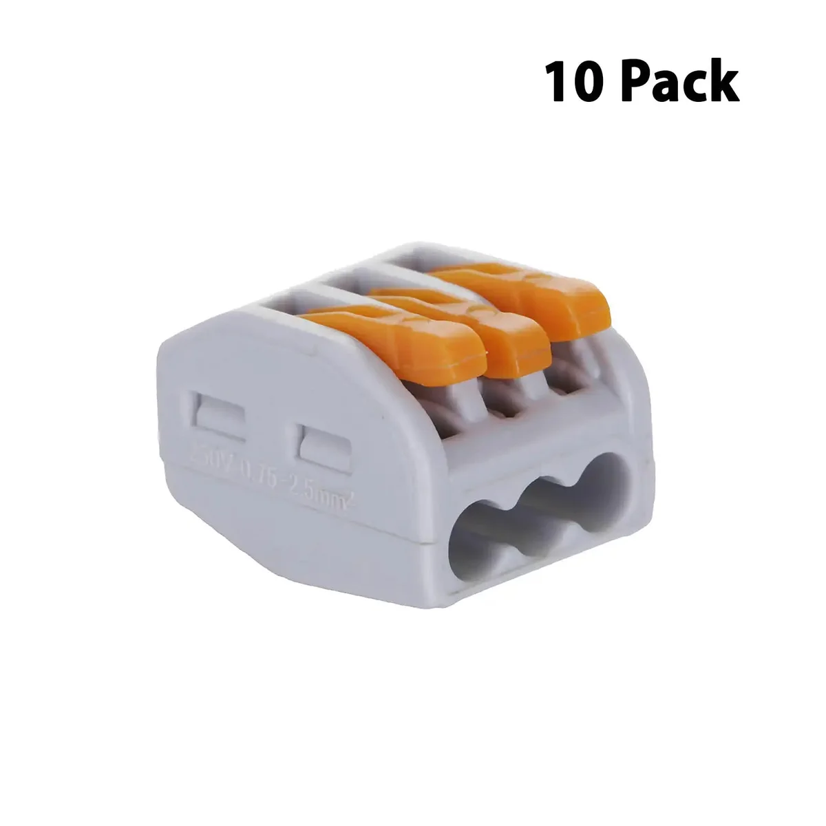 Grey and orange 3‑way electric cable clamp connectors with plastic bodies and copper contacts, displayed on white background.
