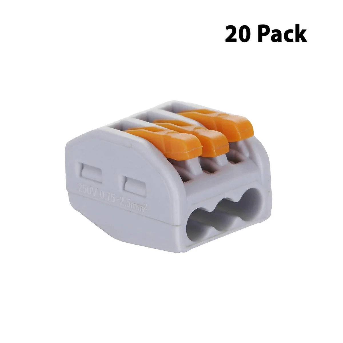 3 pin cable connector with spring lever and plastic body in grey and orange, used for lamp fittings.