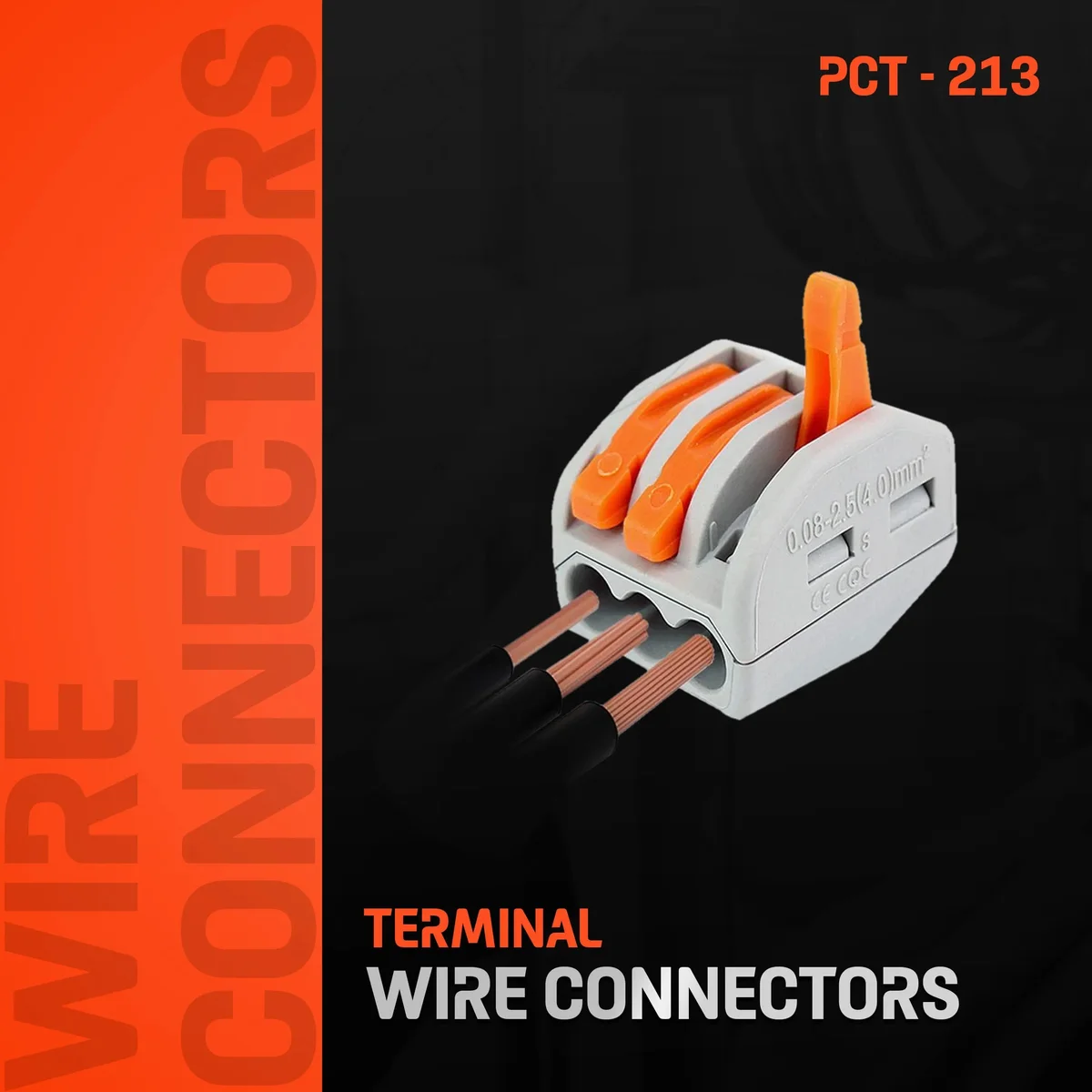 Pack of 3-way cable connectors with grey and orange plastic housings and copper contacts, labelled 5/10/20/50/100.
