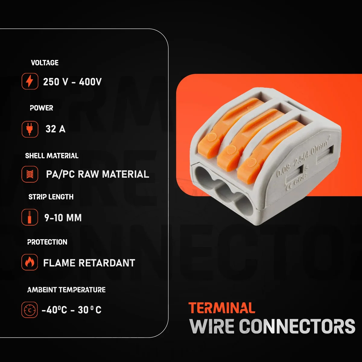 3‑way cable connector – grey plastic body with orange contacts, packaged in a 5/10/20/50/100 pack