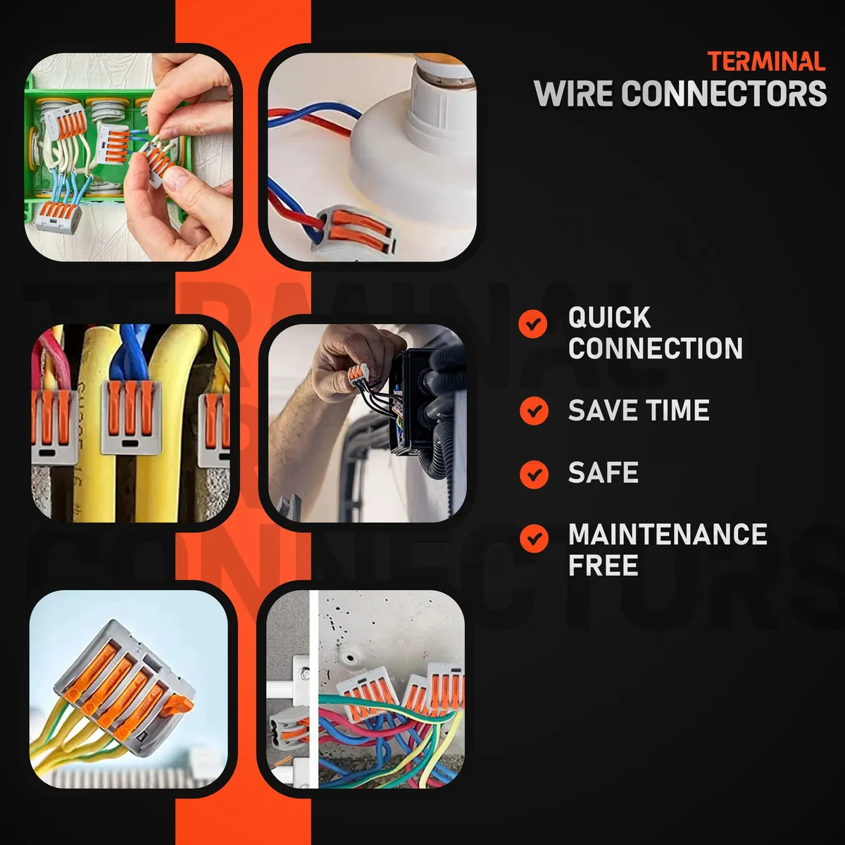 Grey and orange 3 way cable connector with plastic body and copper contacts, bundled in a pack