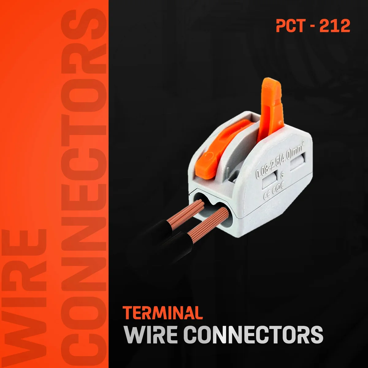 Grey and orange 2 way lever connector with plastic body, copper contacts, 2 pins, for lamp shade fittings