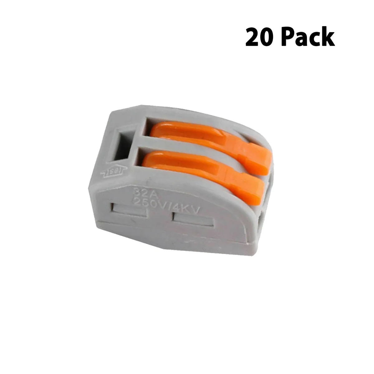 Two grey and orange push on connectors, each with plastic body and copper contact, displaying a 2‑pin clamp.