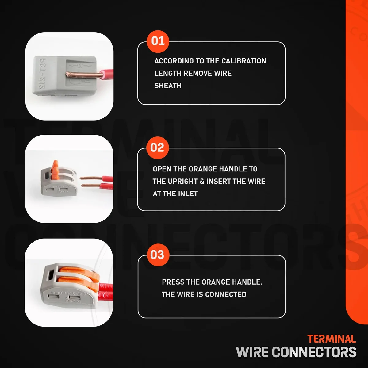 Plastic two‑way lever connector with copper contact connector, grey and orange, 2‑pin cable clamp for lamp fittings.