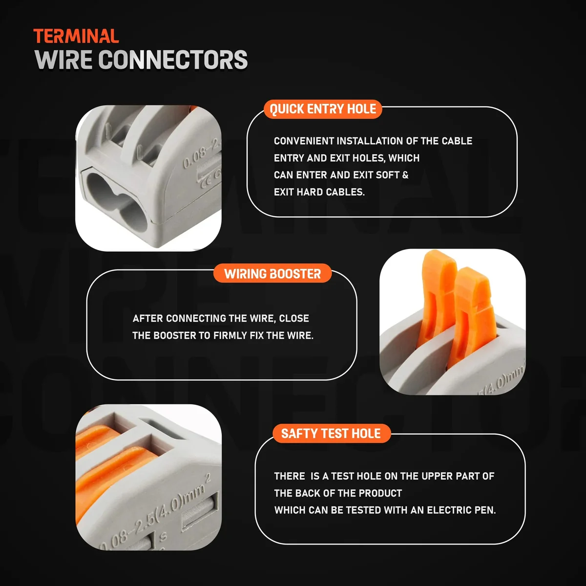 Grey and orange 2 way lever connector with plastic body, copper contact, suitable for lamp shade and wall light fittings.