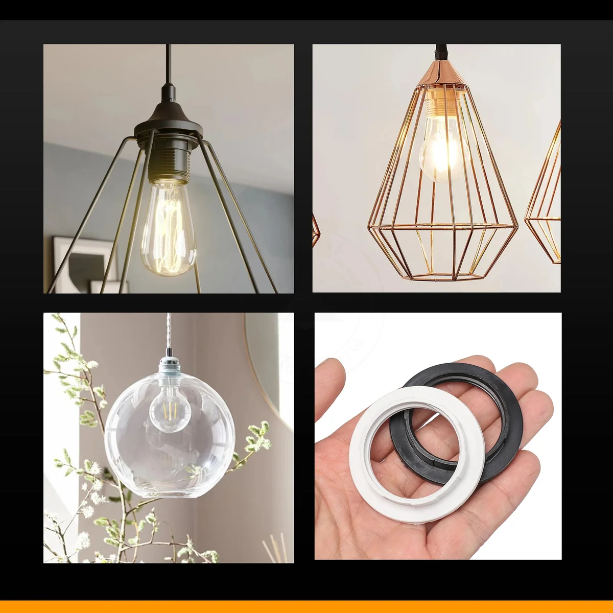 Two plastic E14 bulb holder rings with screw connectors, shown side‑by‑side, rated for up to 5kg loads.