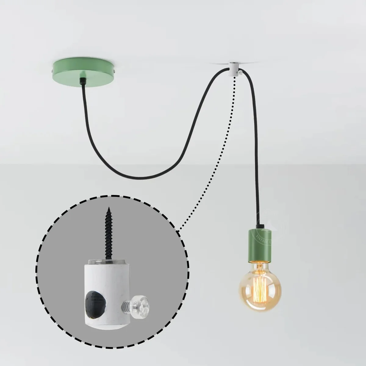 White pendant light cable hook with metal body, 3/8‑inch screw thread and secure power button – cable organizer for fixture.