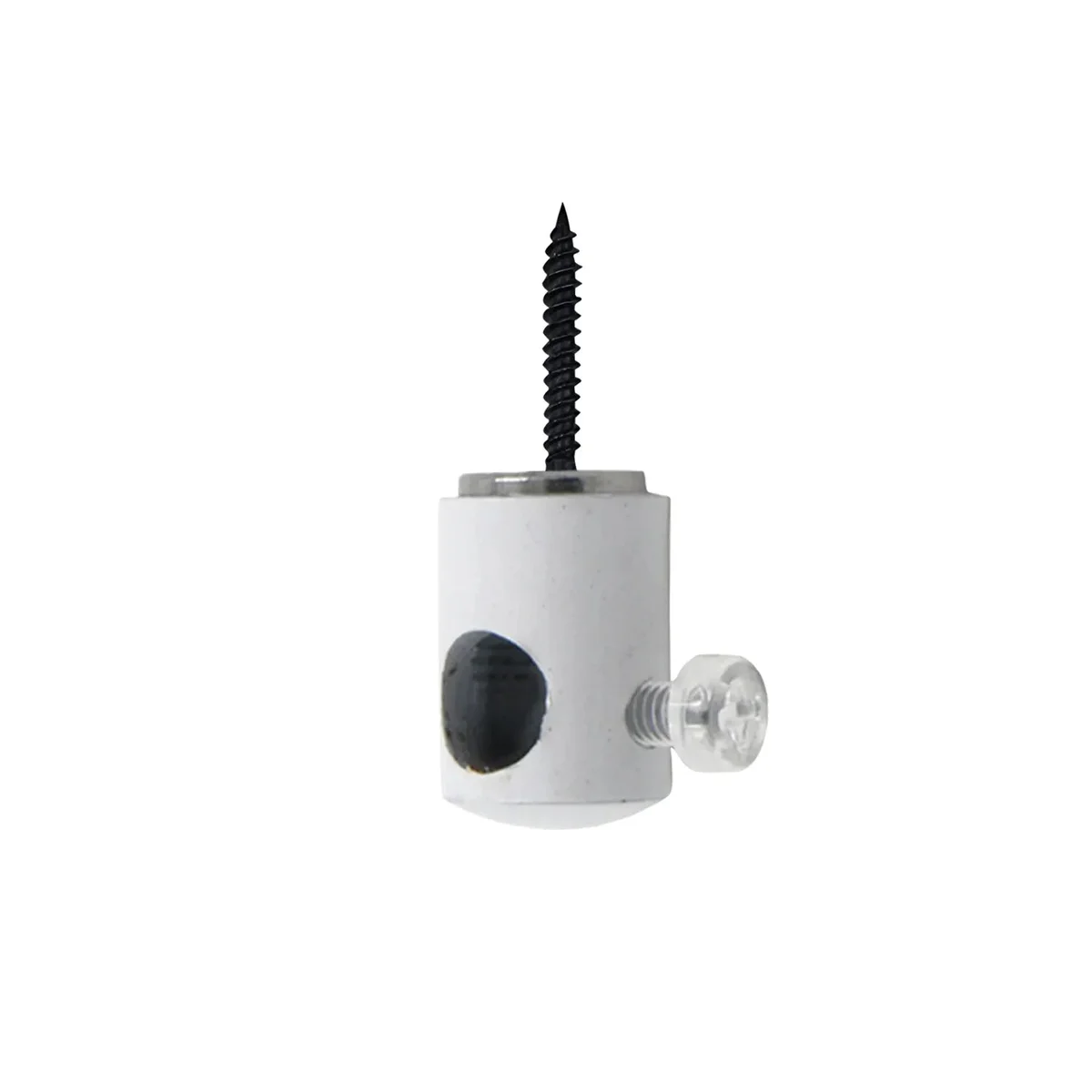 White metal lighting fixture cord clips with screw thread, designed for pendant lights, showing durable hook and fabric cable.