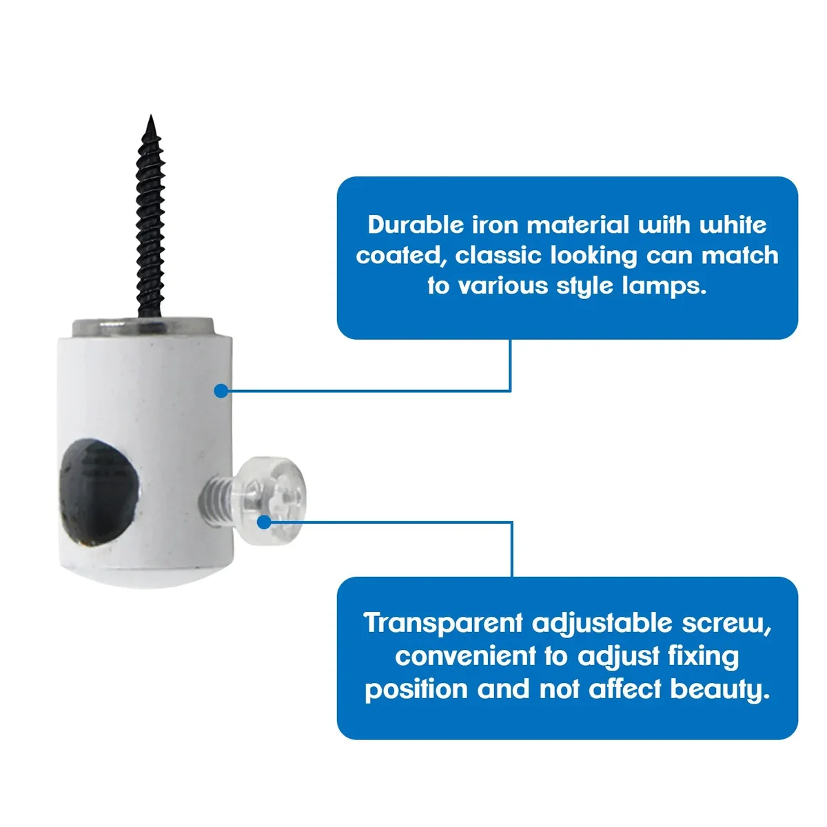 White cable mounting clips for pendant lights: a single white steel hook with 3/8-inch screw.