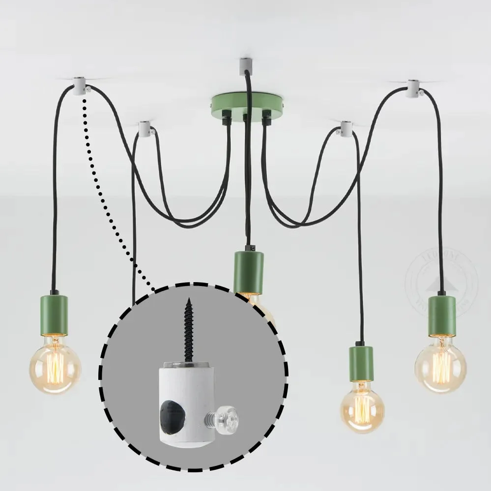 White metal cable hooks with 3/8‑inch screw threads, for hanging pendant lights.