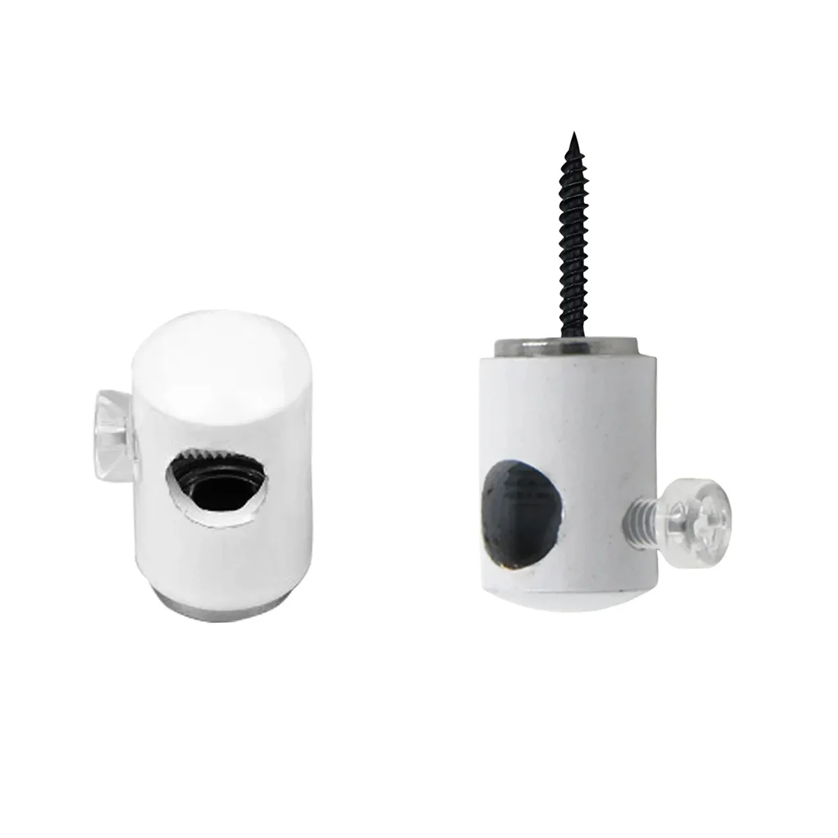 White metal cable hook with screw thread, holding fabric cable, shown on a minimalist wall. Pendant light organizer