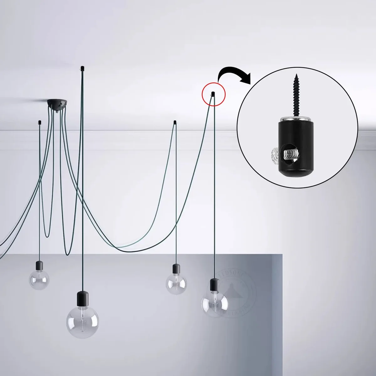 black metal light hook with 3/8-inch screw thread, power button, attached to a fabric cable