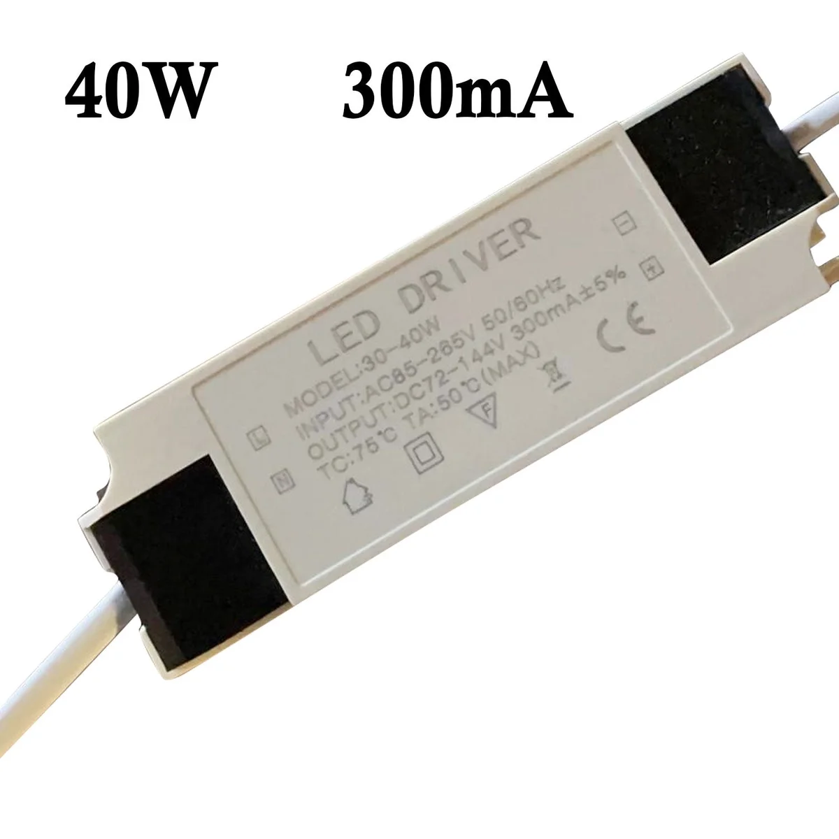 Front view of a 40w LED transformer power supply unit with clear labeling and connector ports.