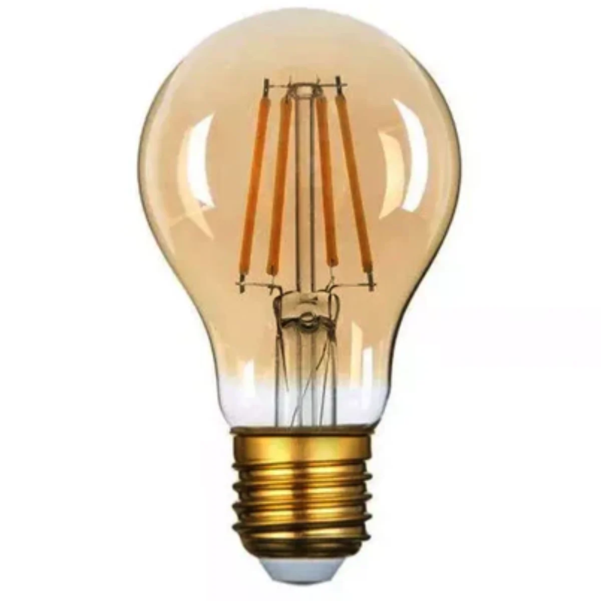 Dimmable LED filament bulb in amber glass globe, exposed filament, screw base, ideal for pendants and chandeliers.