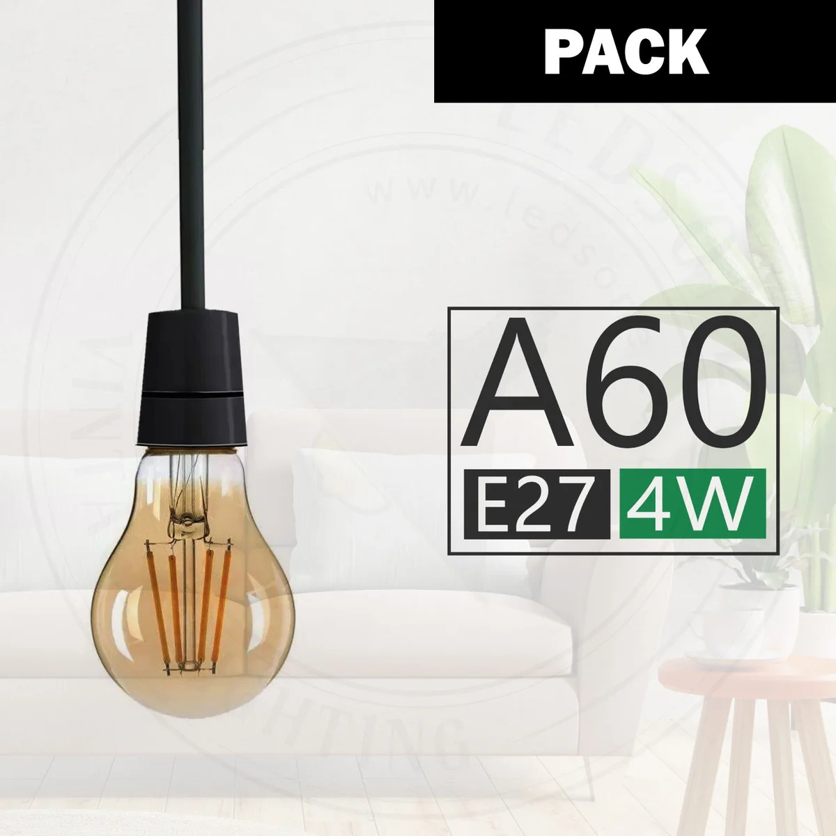 Amber LED filament E27 bulb with glass globe, 4W, 450lm.