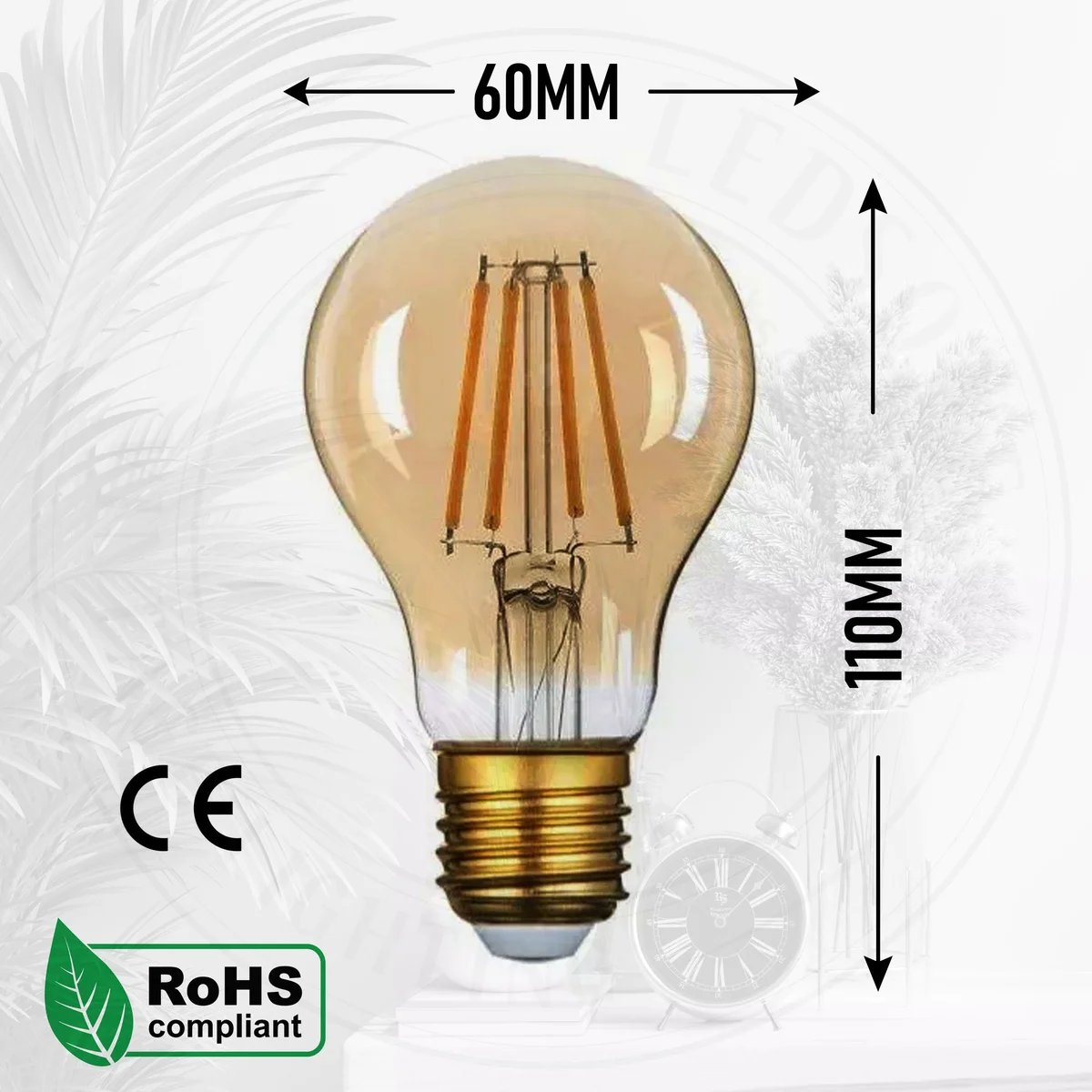 Amber glass dimmable LED filament bulb, A60 size, 4W, E27 base, vintage classic style.