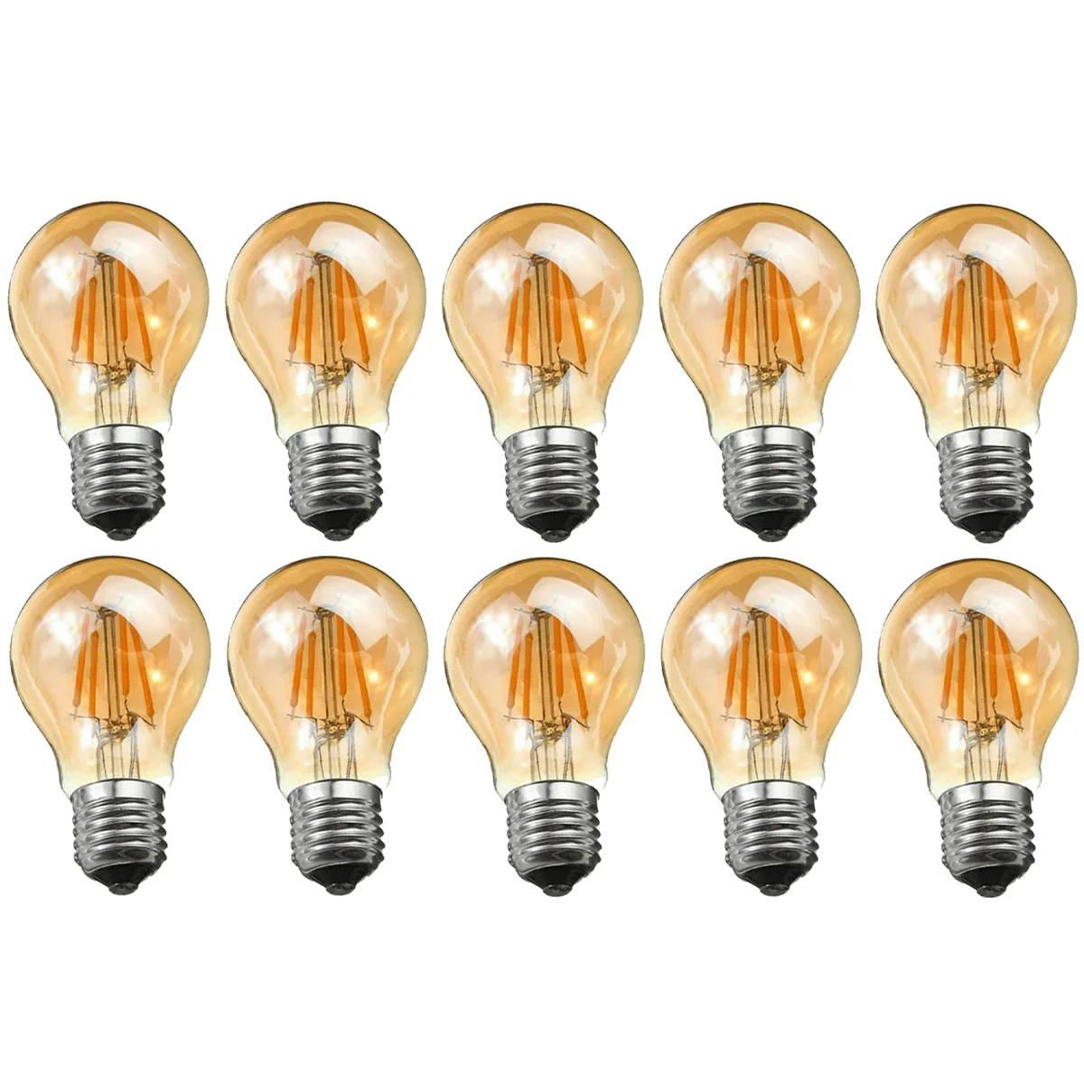 Dimmable LED filament bulb in amber glass, featuring a classic bulb shape with visible filament, suitable for chandeliers.