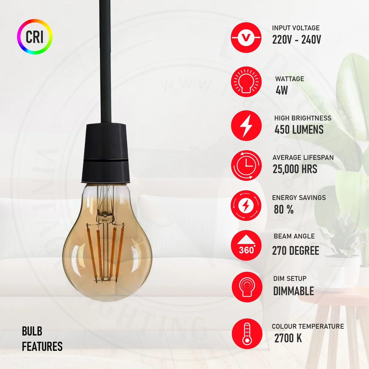dimmable LED filament bulb in amber glass, globe shape with visible filaments, E27 screw base