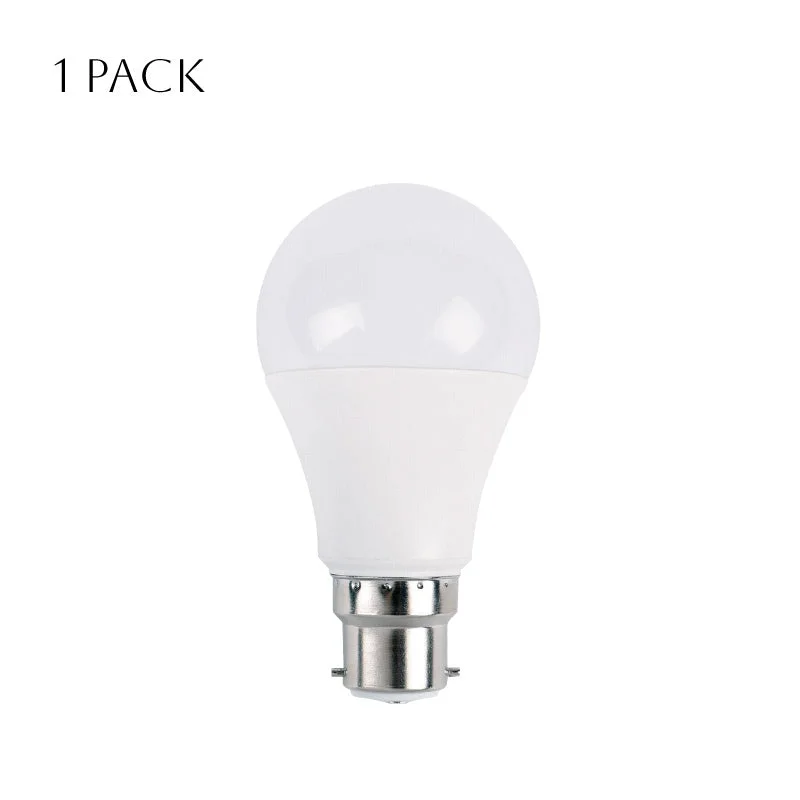 Compact B22 LED bulb with frosted glass, 550 lumens LED, cool white 6000K, thermal plastic body, labeled 9W