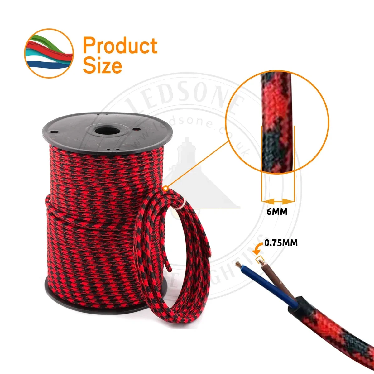 2 core round cable, 5m length wrapped in coloured Italian braided fabric, flexible, round, 6mm outer diameter.